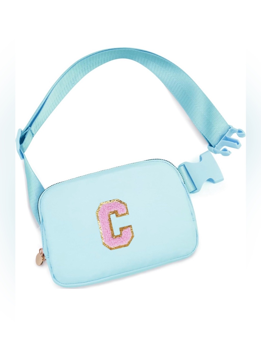 Light Blue Crossbody Belt Bag with Pink Chenille C Accent